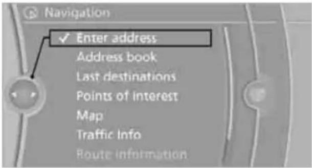 Navigation ✓ Enter address Address book Last destinations Points of interest Map Traffic Info Route information