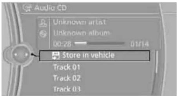 Audio CD Unknown artist Unknown album 00:28 01/14 Store in vehicle Track 01 Track 02 Track 03