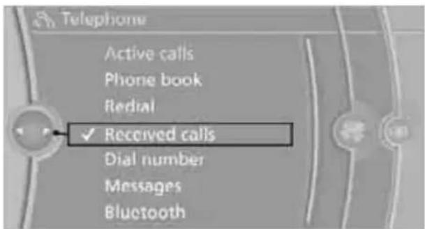 Telephone Active calls Phone book Redial ✓ Received calls Dial number Messages Bluetooth