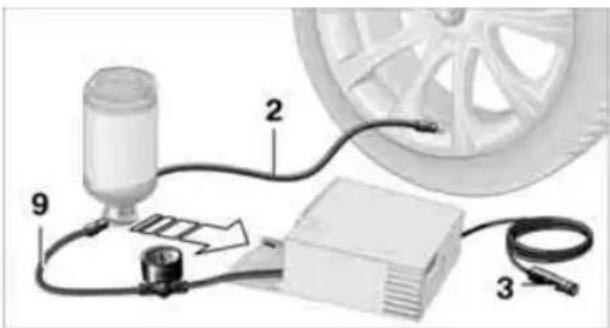Diagram of automotive electrical components with numbered parts, including a cylindrical device, cable, and electronic device.