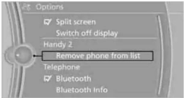 Options ✓ Split screen Switch off display Handy 2 Remove phone from list Telephone ✓ Bluetooth Bluetooth Info