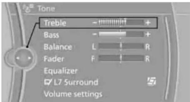 Tone Treble - + Bass - + Balance L R Fader F R Equalizer L7 Surround Volume settings