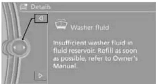 Details Washer fluid Insufficient washer fluid in fluid reservoir. Refill as soon as possible, refer to Owner's Manual.