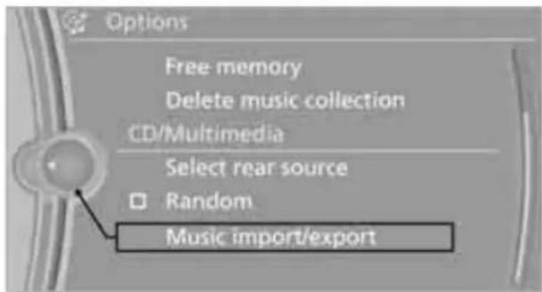 Options Free memory Delete music collection CD/Multimedia Select rear source Random Music import/export