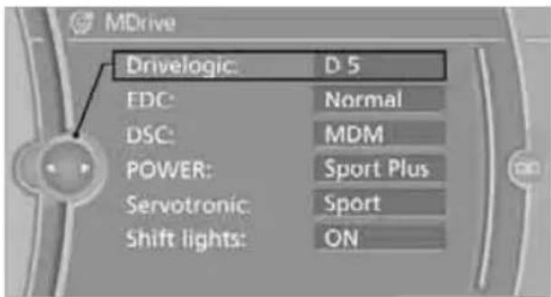 MDrive Drivelogic: D 5 EDC: Normal DSC: MDM POWER: Sport Plus Servotronic: Sport Shift lights: ON