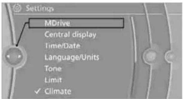 Settings MDrive Central display Time/Date Language/Units Tone Limit ✓ Climate