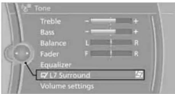 Tone Treble - + Bass - + Balance L R Fader F R Equalizer L7 Surround Volume settings