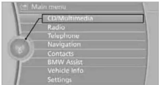 Main menu CD/Multimedia Radio Telephone Navigation Contacts BMW Assist Vehicle Info Settings