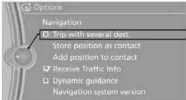 Options Navigation Trip with several dest. Store position as contact Add position to contact Receive Traffic Info Dynamic guidance Navigation system version