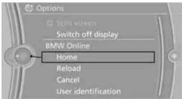 Options Split screen Switch off display BMW Online Home Reload Cancel User identification
