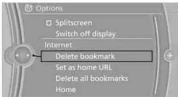Options Splitscreen Switch off display Internet Delete bookmark Set as home URL Delete all bookmarks Home
