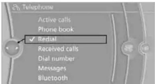 Telephone Active calls Phone book ✓ Redial Received calls Dial number Messages Bluetooth