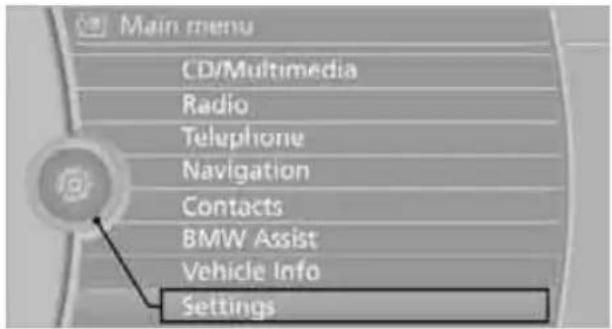 Main menu CD/Multimedia Radio Telephone Navigation Contacts BMW Assist Vehicle Info Settings