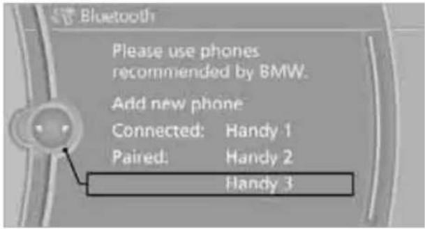 Bluetooth Please use phones recommended by BMW. Add new phone Connected: Handy 1 Paired: Handy 2 Handy 3