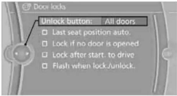 Door locks Unlock button: All doors □ Last seat position auto. □ Lock if no door is opened □ Lock after start. to drive □ Flash when lock/unlock.