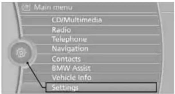 Main menu CD/Multimedia Radio Telephone Navigation Contacts BMW Assist Vehicle Info Settings