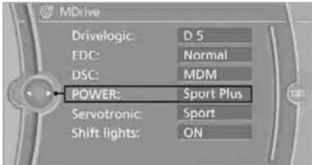 MDrive Drivelogic: D 5 EDC: Normal DSC: MDM POWER: Sport Plus Servotronic: Sport Shift lights: ON