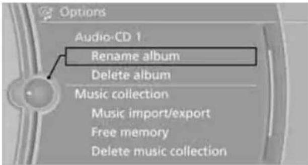 Options Audio-CD 1 Rename album Delete album Music collection Music import/export Free memory Delete music collection