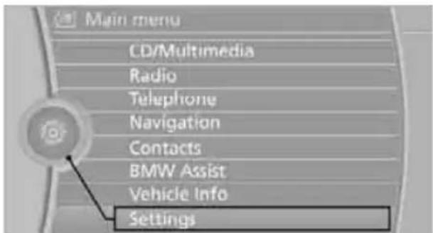 Main menu CD/Multimedia Radio Telephone Navigation Contacts BMW Assist Vehicle Info Settings