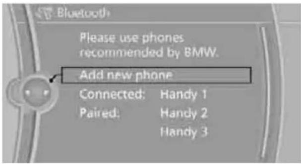 Please use phones recommended by BMW. Add new phone Connected: Handy 1 Paired: Handy 2 Handy 3