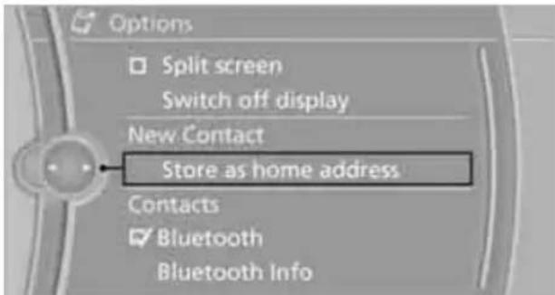 Options Split screen Switch off display New Contact Store as home address Contacts Bluetooth Bluetooth Info