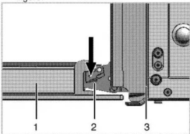 Technical diagram showing a mechanical assembly with labeled parts 1, 2, and 3, including an arrow indicating a specific feature.