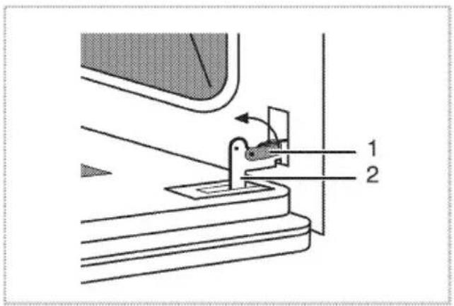 Technical diagram showing a mechanical assembly with labeled parts 1 and 2, including a valve mechanism.