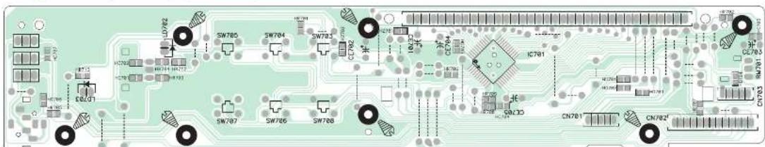 Circuit board layout diagram with labeled components including ICs, switches, capacitors, and connectors