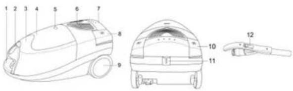 Technical diagram of a vacuum cleaner with numbered parts and exploded view