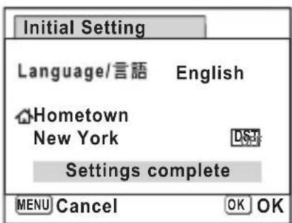Initial Setting Language/言語 English Hometown New York Settings complete MENU Cancel OK OK