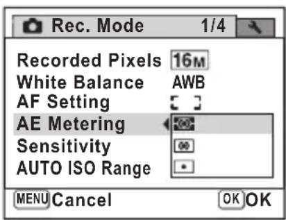 Rec. Mode 1/4 Recorded Pixels 16M White Balance AWB AF Setting AE Metering Sensitivity AUTO ISO Range MENU Cancel OK OK