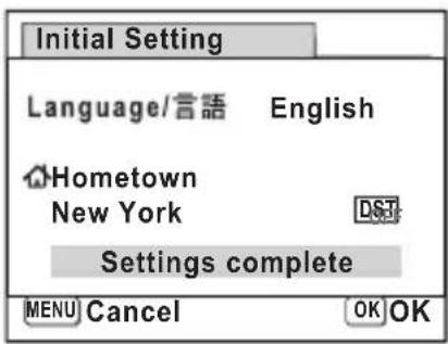 Initial Setting Language/言语 English Hometown New York Settings complete MENU Cancel OK OK