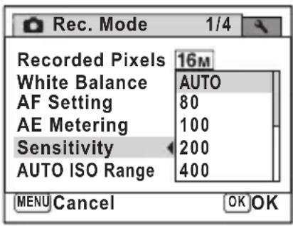 Rec. Mode 1/4 Recorded Pixels 16M White Balance AUTO AF Setting 80 AE Metering 100 Sensitivity 200 AUTO ISO Range 400 MENU Cancel OK OK
