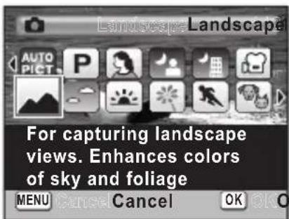 For capturing landscape views. Enhances colors of sky and foliage MENU Cancel OK OK