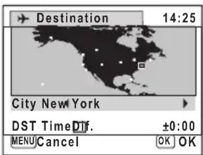 Destination 14:25 City New York DST Time Diff. ±0:00 MENU Cancel OK OK