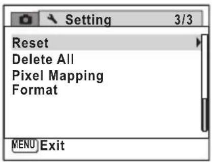 Setting 3/3 Reset Delete All Pixel Mapping Format MENU Exit