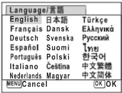 Language/言語 English 日本語 Türkçe Français Dansk Еллнікіа Deutsch Svenska Русский Español Suomi йніу Português Polski 한국어 Italiano Čeština 中文繁體 Nederlands Magyar 中文简体 MENU Cancel OK OK