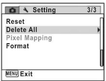 Setting 3/3 Reset Delete All Pixel Mapping Format MENU Exit