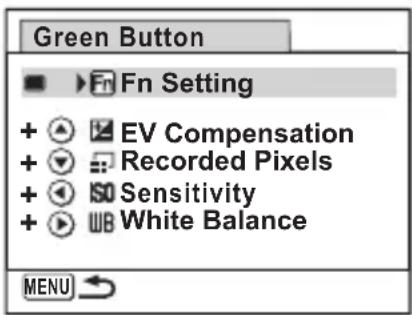 Green Button Fn Setting + ○ EVC Compensation + ○ Recorded Pixels + ○ Sensitivity + ○ WB White Balance MENU