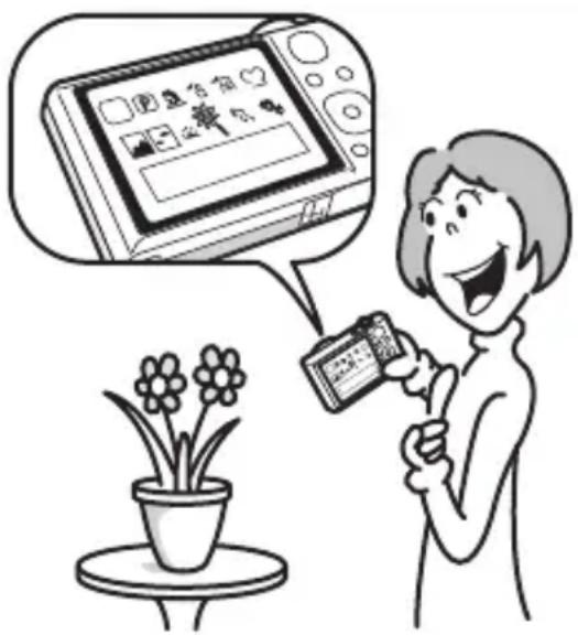 Cartoon illustration showing a person using a smartphone to interact with a screen displaying Chinese text and flower plants nearby.