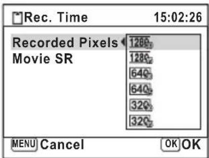 Rec. Time 15:02:26 Recorded Pixels Movie SR 1280 1280 640 640 320 320 MENU Cancel OK OK