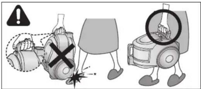 Safety warning illustration showing three robot poses with a cross symbol and warning symbols