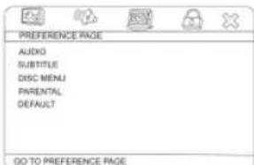 PREFERENCE PAGE AUDIO SUBTITLE DISC MENU PARENTAL DEFAULT GO TO PREFERENCE PAGE