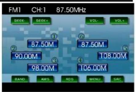 FM1 CH:1 87.50MHz SEEK SEEK+ VOL- VOL+ ① 87.50M ⑥ 87.50M ② 90.00M ⑤ 108.00M ③ 98.00M ④ 106.00M BAND AMS RDS MENU SRC