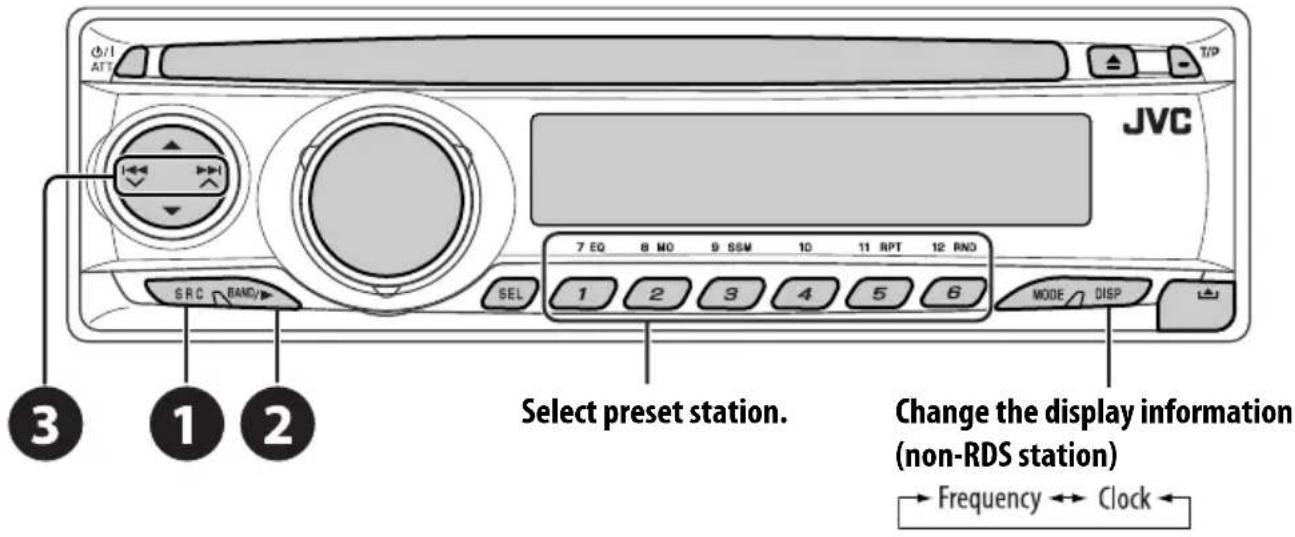 JVC Select preset station. Change the display information (non-RDS station) → Frequency ↔ Clock ← 3 1 2 SRC BAND/SEL 7 EQ 8 MO 9 SSM 10 11 RPT 12 RND MODE DISP