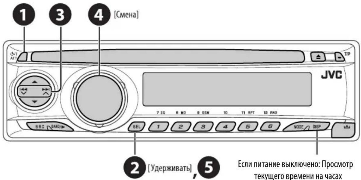 1 3 4 [Смена] JVC 7 EQ 8 NO 9 GSM 10 11 RPT 12 RND SRC BAND/ SEL 1 2 3 4 5 6 MODE DISP 2 [Удерживать], 5 Если питание выключено: Просмотр текущего времени на часах