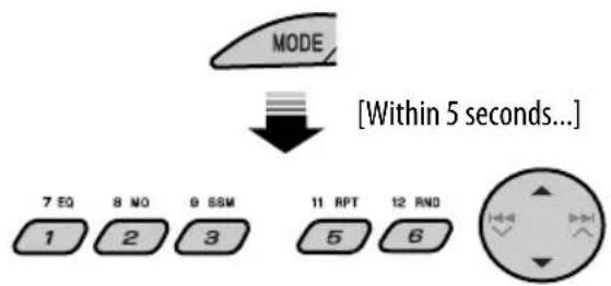 MODE [Within 5 seconds...] 7 EQ 8 NO 9 SSM 11 RPT 12 RND 1 2 3 5 6