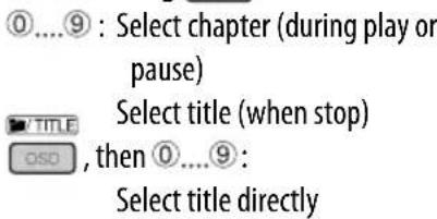 ①....⑨ : Select chapter (during play or pause) Select title (when stop) , then ①....⑨ : Select title directly