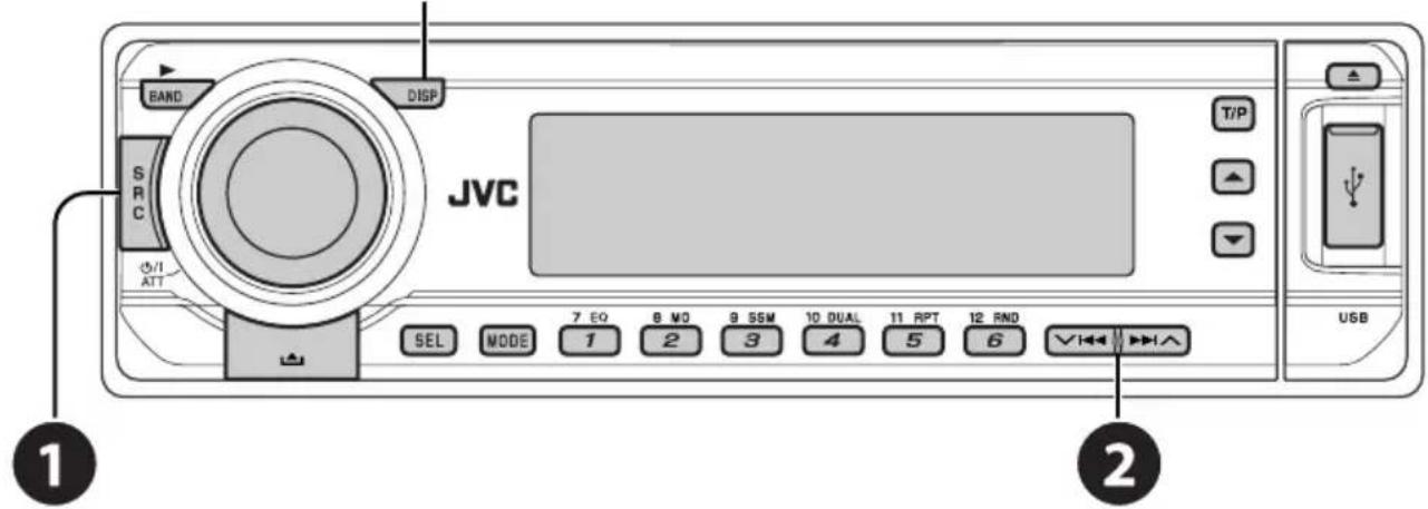 BAND DISP SRC JVC T/P Φ/I ATT SEL MODE 7 EQ 8 WD 9 SSM 10 DUAL 11 RPT 12 RND USB 1 2 3 4 5 6 V1←→→A ① ②