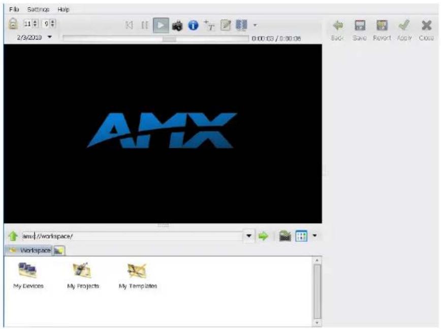 File Settings Help 11 9 2/3/2010 0:00:03 / 0:00:06 Back Save Revert Apply Close AMX smv1//workspace/ Workspace My Devices My Projects My Templates